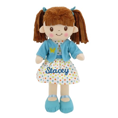 Personalized Snuggle Dolls, Custom Soft Brunette Baby Rag Doll, Blue Jacket Dress, 16 Inches, Muñecas de Trapo Personalizadas para Niñas