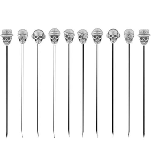 Skull Cocktail Picks Martini Picks Reusable Olive Picks Garnish Skewer Fruit Toothpicks pack of 10 (Antique silver)