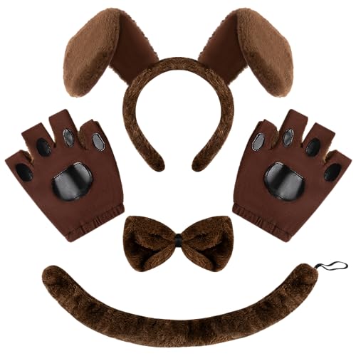 Spooktacular Creations 5 Pcs Animal Dog Puppy Costume Accessories Set with Dog Puppy Ears Headband, Bowtie, Gloves and Tail Animal Costume Accessories Brown