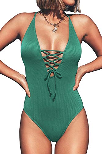 CUPSHE Women's Solid Color V Neck Lace Up One Piece Swimsuit, L