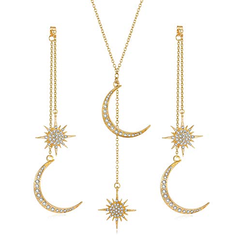 Feximzl Fashion Shiny Crystal Star Moon White Gold Color Drop Earrings Jewelry for Women Earring Jackets (Sets Earrings Necklace Gold)
