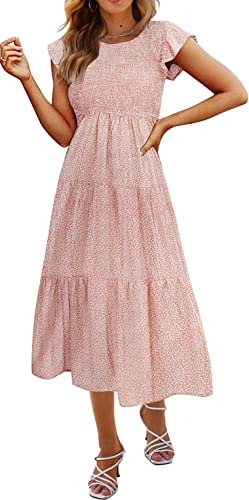 Hount Women's Casual Summer Boho Midi Dress Floral Ruffle Dresses Short Sleeve Flowy Beach Dresses with Pockets (FL2,L)