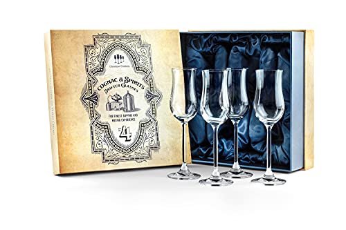 GLASSIQUE CADEAU Cognac, Brandy, Tequila and Dessert Wine Snifter Glasses | Set of 4 Small Tasting Tulip Copitas for Sipping Spirits, Madeira, After Dinner Drinks | Stemmed Nosing Sniffers for Liquor