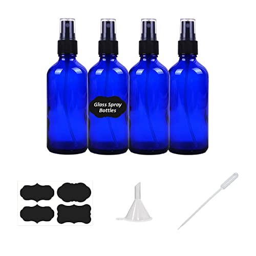 YUNFOOK 4 oz Blue Glass Spray Bottles for Essential Oils, Small Empty Fine Mist Spray Bottle,4 Pack with Funnel Dropper