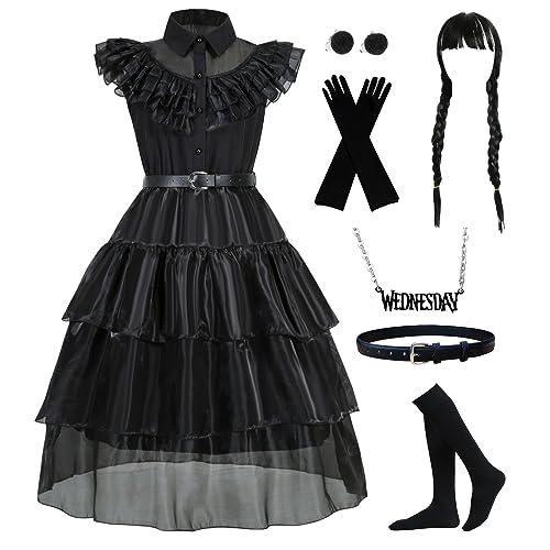 VOKOFAYE Wednesday Costume Dress Up Set, All Black Halloween Party Cosplay Outfits for Girls 4-14 Years Old