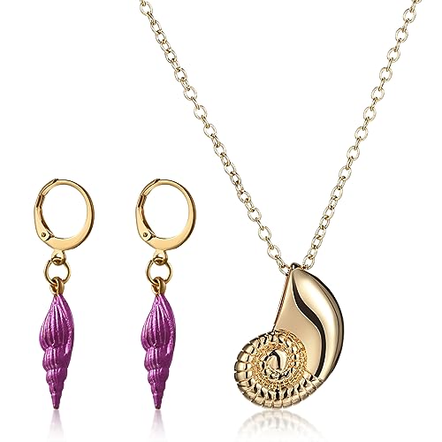 Cunno Halloween Costumes Accessories Set for Women, Mermaid Golden Shell Necklace and Purple Seashell Earrings, Sea Witch Pendant Necklace and Earrings Jewelry Halloween Cosplay Party Supplies