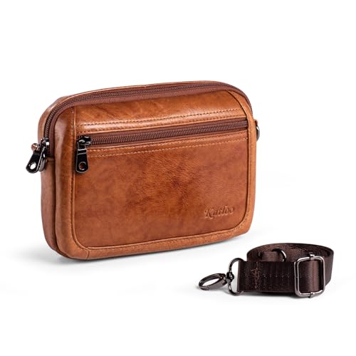 Katloo Genuine Leather Cell Phone Belt Bag fits for iPhone 15 14 13 12 11 Pro Max Samsung Galaxy A15 A54 S24 Ultra Belt Clip Phone Holster Carrying Pouch Crossbody Purse with Shoulder Strap (Brown)