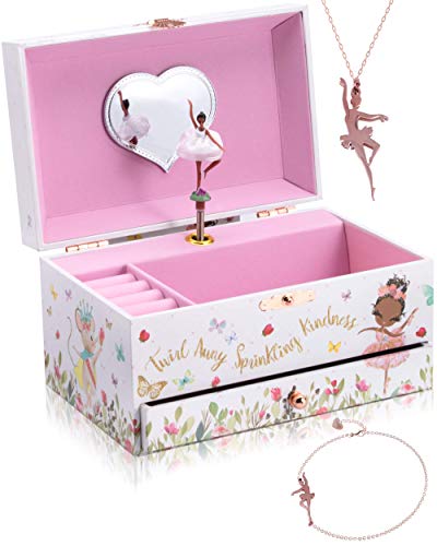 The Memory Building Company Music Box, Ballerina Jewelry Box for Girls and Boys w/Matching Necklace and Bracelet, Birthday Gifts for Girls Age 6 and Up, Stocking Stuffers, Black