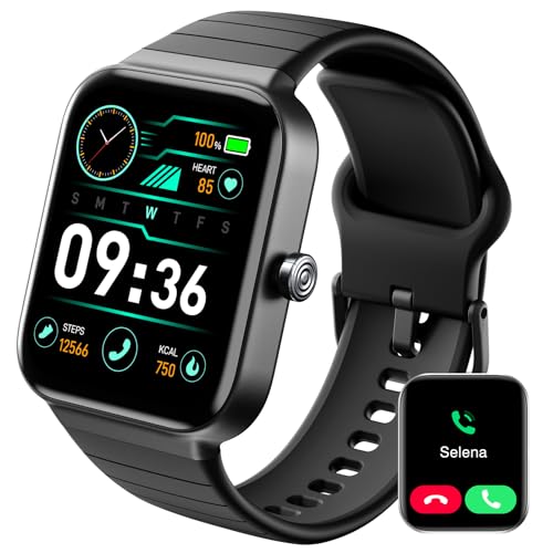 Quican 1.8' Fitness Smart Watch Call and Text with Alexa for iOS Android Phone, Heart Rate Blood Oxygen Sleep Monitor Step Calorie Counter Tracker, Men Women Smartwatch IP68 Waterproof Black