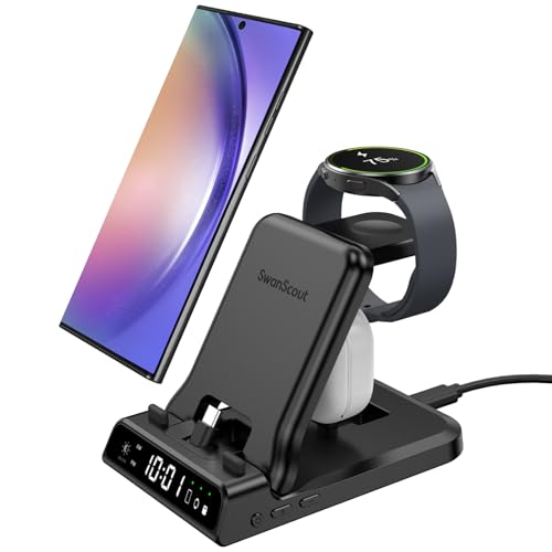 SwanScout Charging Station for Samsung, Foldable 25W 3 in 1 Super Fast Charging Dock Stand for Galaxy S23 Ultra/S22/S21/Z Flip 5/Z Fold 5/A54/A14/Buds, Samsung Watch Charger for Galaxy Watch 6/5/4/3