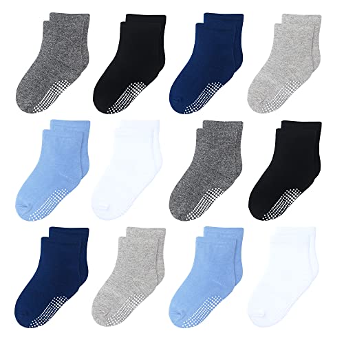 HYzgb Toddler Socks Boys 3T-4T-5T with Grippers 12 Pairs Little Kids Socks Non Slip Grips Cotton Crew Toddler Socks for Boys 3-4-5 Years Old (Black/White/Gray/Skyblue)