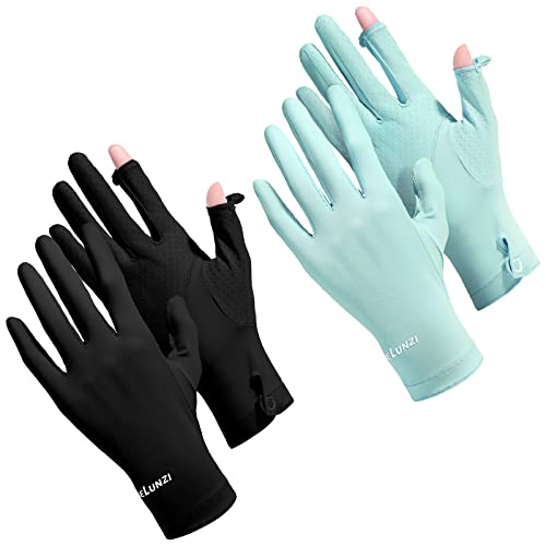 Loopeer 2 Packs Women UV Sun Protection Gloves Full Finger Touchscreen Non Slip Gloves Breathable Summer Outdoor Gloves for Women (Black, Green, Buckle)