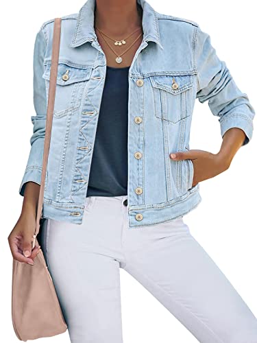 luvamia Women's Casual Basic Button Down Stretch Regular Fit Long Sleeves Jean Jackets Womens Denim Jacket Spring Jackets For Women 2024 Azure Mood Size Medium Fits Size 8 / Size 10