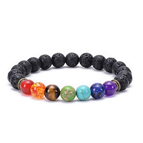 GelConnie Lava Rock Chakra Bracelet 7 Chakra 8mm Natural Stone Healing Bracelet Stress Relief Yoga Beads Anxiety Bracelet Aromatherapy Essential Oil Diffuser Bracelet Bangle