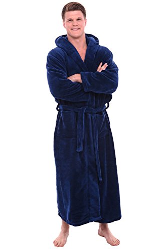 Alexander Del Rossa Men’s Robe, Plush Fleece Hooded Bathrobe with Two Large Front Pockets and Tie Closure, Navy Blue, XL