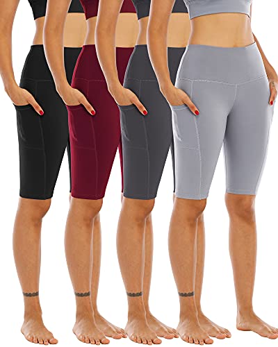 WHOUARE 4 Pack Biker Yoga Shorts with Pockets for Women,High Waisted Athletic Running Workout Gym Shorts Tummy Control,Black,Dark Gray,Light Gray,Burgundy,XL