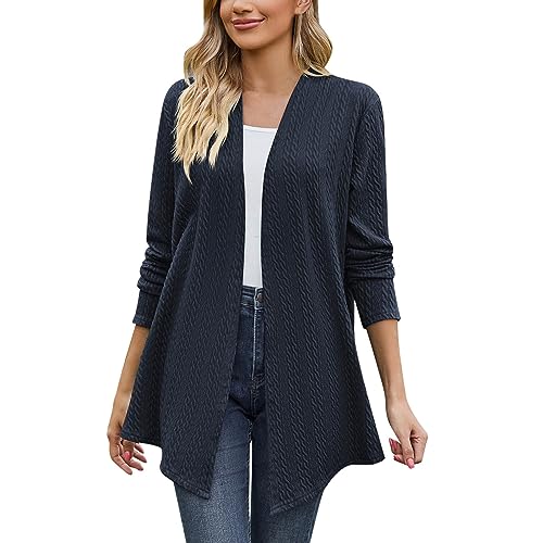 Womens Long Cardigan Button Coat Patchwork Knitted Cardigan Casual Loose Solid Oversized-Fit Christmas Jacket Navy