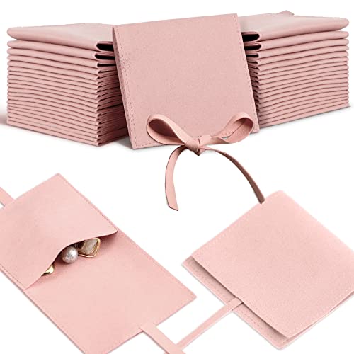 40 Pcs Microfiber Jewelry Pouch 8 x 8 Cm, Jewelry Packaging Bag Luxury Small Jewelry Gift Bags Bow Tie Microfiber Bag for Bracelet Necklace Packaging, Envelope Style with Strings and Divider, Pink
