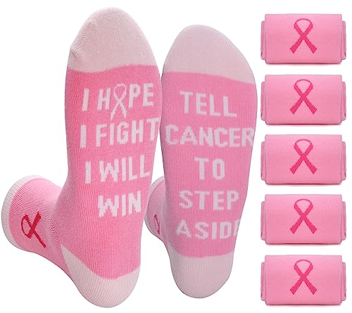 GIFBEA Pink Ribbon Breast Cancer Awareness Socks,5 Pairs,100% Cotton,Breast Cancer Survivor Gifts for Women (Pink)