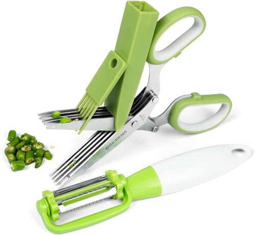 Kitchshears Herb Scissors with 5 Blades and Cover–Quality Herb Cutter Scissors Stainless-Steel & Easy to Clean- Heavy-Duty Vegetable Scissors for Chopped Salad & Mincing Meat- BONUS Herb Peeler