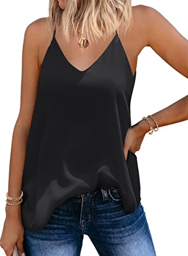 SUNAELIA Women's Black Chiffon V-Neck Tank Top - Flowy Backless Adjustable Strap Summer Camisole