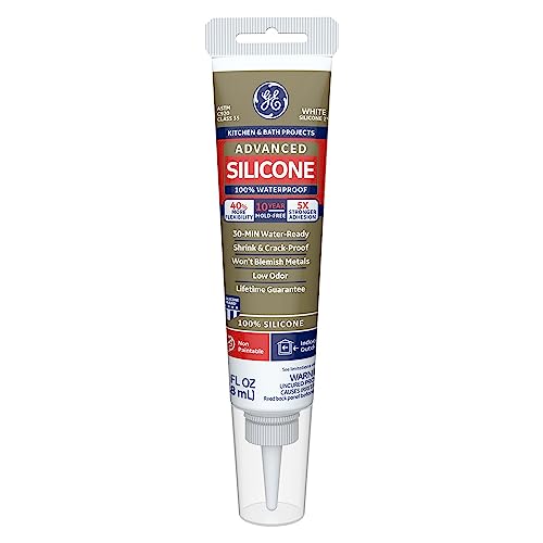 GE Advanced Silicone Caulk for Kitchen & Bathroom - 100% Waterproof Silicone Sealant, 5X Stronger Adhesion, Shrink & Crack Proof - 2.8 fl oz Tube, White, 1 Pack