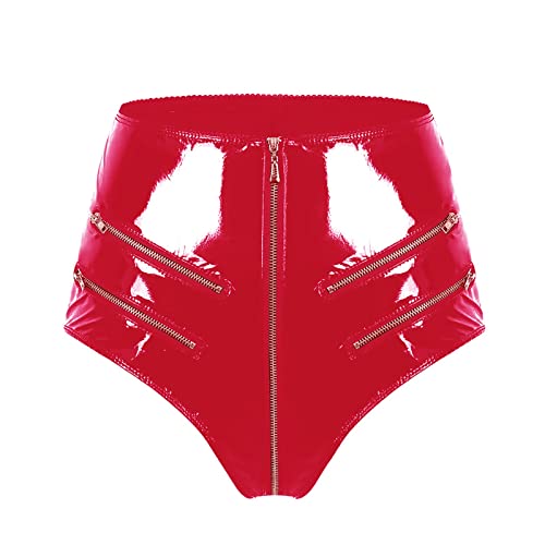 TODOZO High Gloss PVC Leather Sexy Open File Shaping Zipper High Waist Sexy Shorts Womens Sexy Christmas Lingerie (Red, XXL)