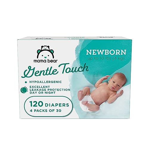 Amazon Brand - Mama Bear Gentle Touch Diapers, Hypoallergenic, Newborn, White, 120 Count (4 Pack of 30 )