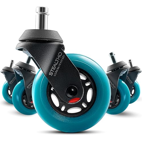 Stealtho Office Chair Caster Wheels Replacement Set of 5 - Protect Hardwood Floor Without Chair Mat - Heavy Duty Casters - Navy Soft Polyurethane