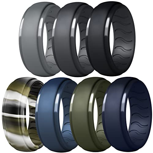 Dookeh Breathable Mens Silicone Wedding Rings, Rubber Ring Bands For Men, Black Blue Camo Engagement Band, Best for Workout, 1-4-7 Pack (Y-Gray,Dgray,Black,Forest Camo,Blue,Green,Navy Blue, 9)