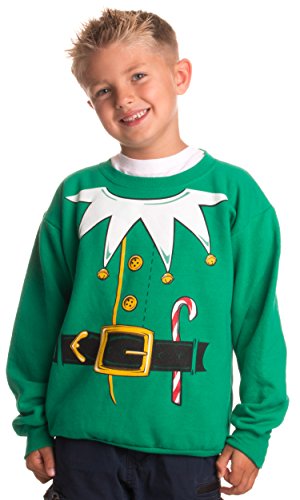 Ann Arbor T-shirt Co. Kid's Santa's Elf Costume | Novelty Christmas Sweater, Holiday Child Sweatshirt - (YCrew,M) Green