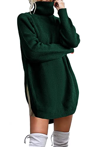 KIRUNDO Winter Clothes for Women Casual Long Sleeve High Neck Oversized Waffle Knit Long Sweaters Fall Pullover Jumper (Dark Army Green,Large)