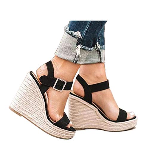 VICKI·VICKI Women's Platform Sandals Wedge Ankle Strap Open Toe Sandals Black Size 7.5