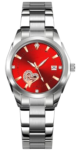 BESTKANG Watches for Women Analog Quartz Silver Stainless Steel Watches Luminous Waterproof Ladies Dress Watch (Silver red)