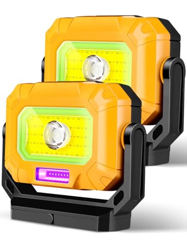 LED Rechargeable Work Light, 1200LM Portable COB Magnetic Lights with 7 Lighting Modes, 360°Rotatable Flood Lights for Car Repairing, Job Site Lighting Emergency Outdoor Camping Hiking (2 PCS)