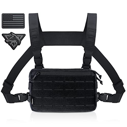 WYNEX Tactical Chest Rig Pack for Men, Running Chest Bag with Front Loop Airsoft Recon Chest Rigs for Hunting Outdoor EDC Combat Patch Included Black