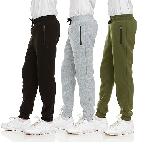 PURE CHAMP 3Pk Boys Sweatpants Fleece Athletic Workout Kids Clothes Boys Joggers with Zipper Pocket and Drawstring Size 4-20 (SET3 Size 18/20)