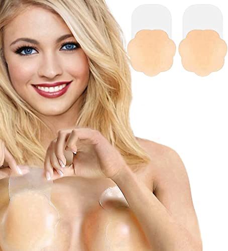 Nippleless Covers, Breast Lift Tape, Silicone Breast Lift Pasties 4.3inch Diameter (1 Pair Flower) (Beige)