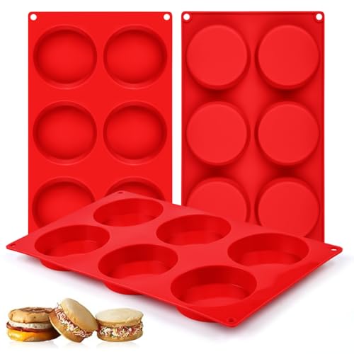 CAKETIME Muffin Top Pan, Silicone Egg Molds for Breakfast Sandwiches 3' Round Silicone Egg Pan for Baking English muffins, Whoopie Pies, Corn Bread, Egg bites, Tarts 3 Pack