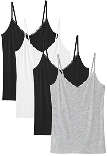 Rosyline V Neck Camisoles for Women Adjustable Lace Cami Undershirt Spaghetti Strap Lace Tank Top 4-Pack Black/White/Black/Grey S