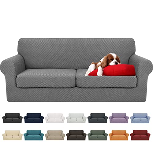 YEMYHOM Latest Checkered 3 Pieces Couch Covers for 2 Cushion High Stretch Sofa with 2 Extra Large Seat Cushion Anti Slip Elastic Slipcovers (Light Gray), 71'-91'(2 Cushions)
