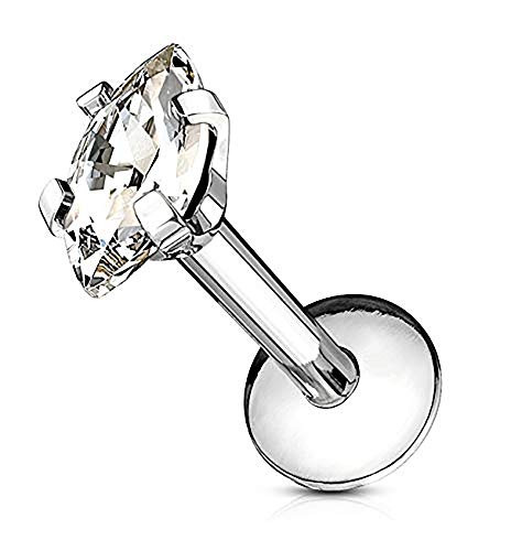 Forbidden Body Jewelry Tragus Earring, Labret Jewelry 16g, Tragus Piercing Jewelry Surgical Steel, Internally Threaded Surgical Steel Marquise CZ Labret Stud (Silver 6MM)