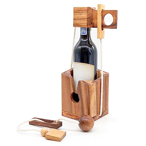 BSIRI Wine Bottle Puzzle - Challenging 3D Wooden Wine Bottle Holder and Wine Lock Puzzle Games for Adults. Functional Wine Storage, Ideal Wine Lover Gifts, Fun Gifts, Game Night and Rustic Room Decor