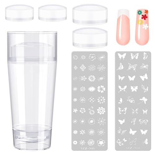 Subay French Nail Stamper, Nail Stamper Kit - 2pcs Nail Art Stamper, Nail Scraper, 2pcs Nail Stamping Plate, 4pcs Replaceable Silicone Jelly Heads for Gel Manicure Home Salon Nail Art DIY