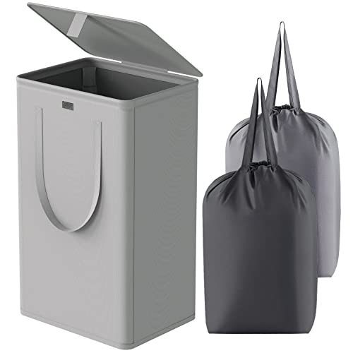 WOWLIVE 100L Laundry Hamper with Lid, Large Foldable Laundry Basket with 2 Removable Bags and Handles, Tall Collapsible Dirty Clothes Hamper for Laundry Room, Bathroom, Dorm (Grey)