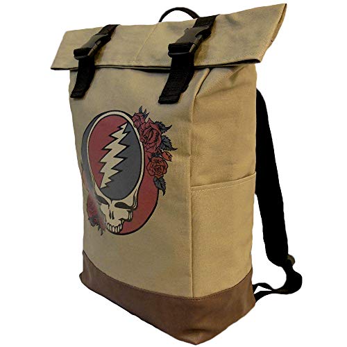 Ripple Junction Grateful Dead Canvas Roll Top Backpack Bag w/Vegan Leather Reinforced Bottom Dual Adjustable Shoulder Straps Steal Your Face Logo Officially Licensed
