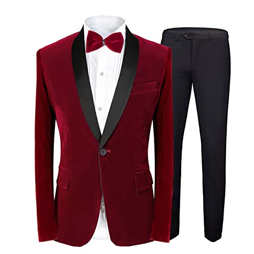 MAGE MALE Men's Velvet 2 Piece Suit Shawl Lapel One Button Slim Fit Tuxedo Blazer Party Dinner Jacket & Pants