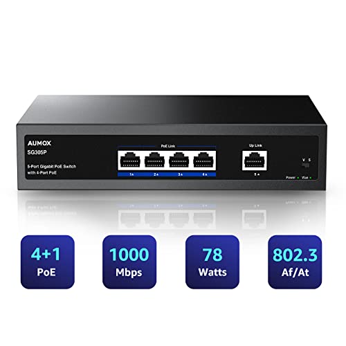 Aumox 5 Port Gigabit PoE Switch, 4 Port PoE 78W, Gigabit Ethernet Unmanaged Network Switch, Sturdy Metal Housing, Plug and Play, Traffic Optimization (SG305P)