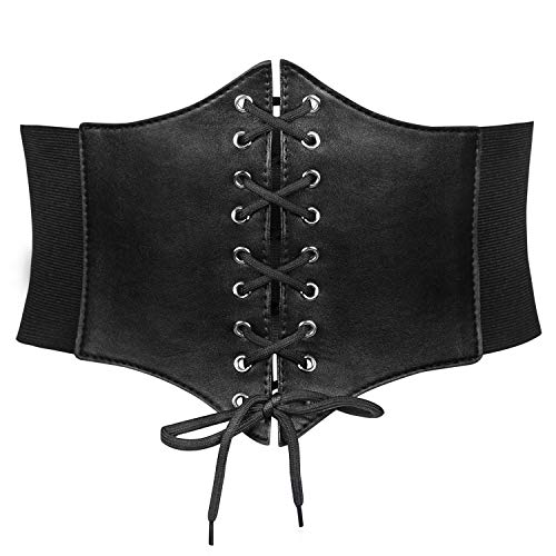 JASGOOD Women’s Elastic Costume Waist Belt Lace-up Tied Waspie Corset Belts for Women, Black,Fits Waist 47-52 Inches