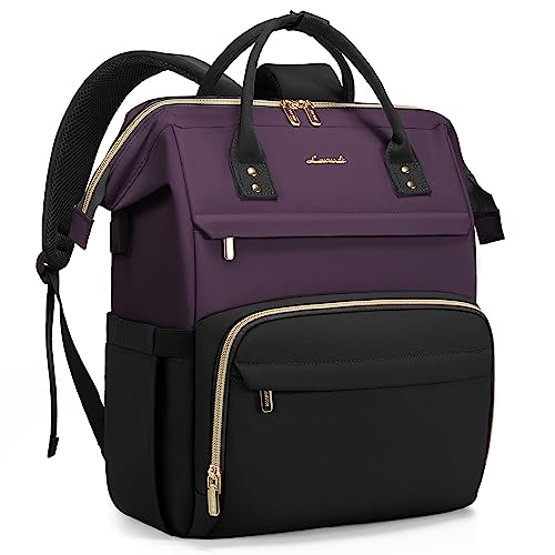 LOVEVOOK Laptop Backpack Purse for Women, 17 Inch Computer Business Stylish Backpacks, Doctor Nurse Bags for Work, Casual Daypack Backpack with USB Port, Dark Purple-Black